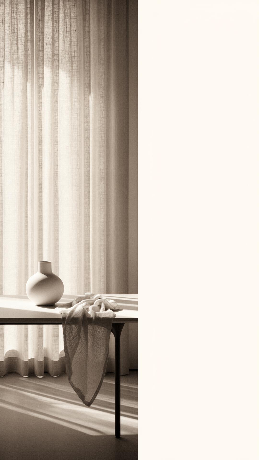 Quiet morning light through linen curtains in a minimalist studio